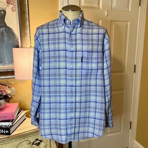 EEUC Men's Faconnable Button Down Linen Blue Plaid Shirt Size MEDIUM
